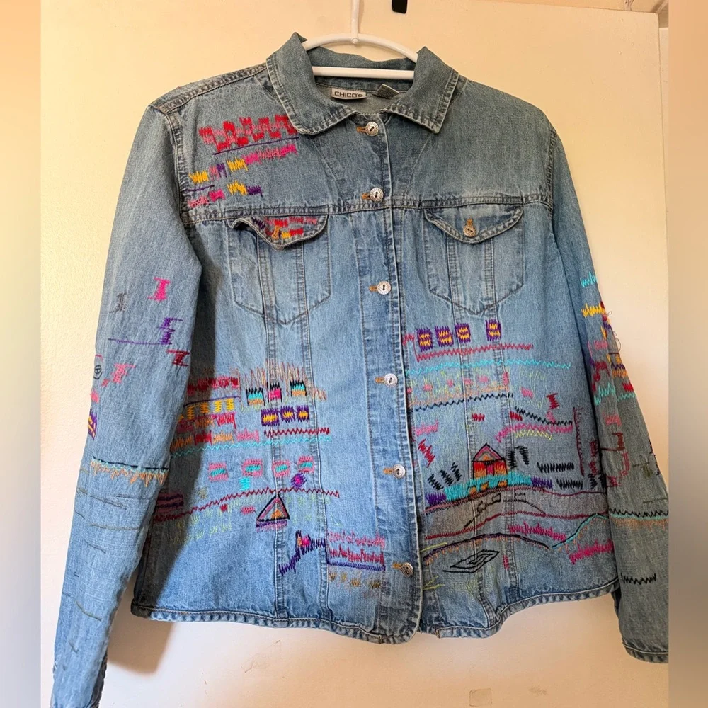 Chico’s Embroidered Denim Jacket Colorful Southwestern Stitch Size 2 - Picture 2 of 10